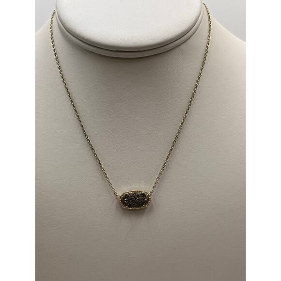 Kendra Scott Elisa Silver Gray Platinum Drusy Pendant Gold Plated Necklace - Picture 2 of 8